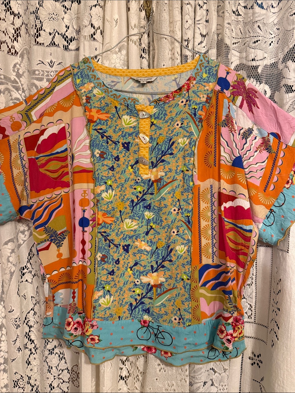 John Mark Multicolor Floral Patchwork Blouse in Yellow, Orange, Pink, Blue
